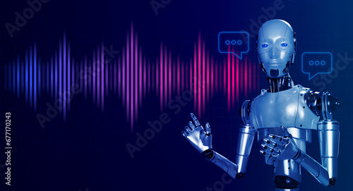 AI Conversation for business concept. Artificial intelligence conversational virtual assistant technology with chat bot background. Human robot with speech and digital voice sound wave processing.