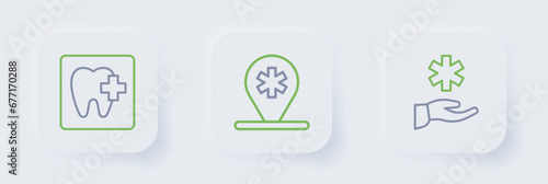 Set line Cross hospital medical, Location and Dental clinic location icon. Vector