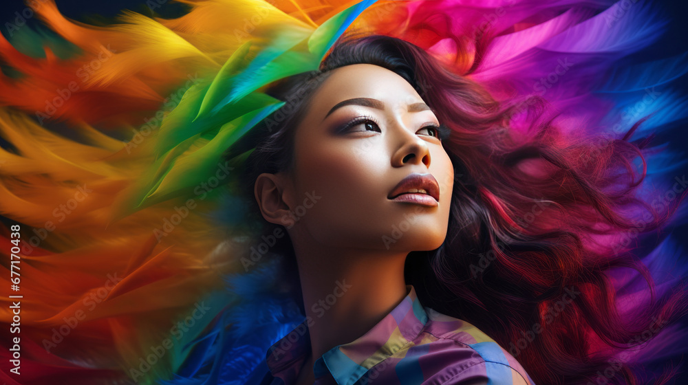 Portrait of an asian woman with rainbow colors, generated with ai