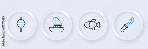 Set line Knife, Fish, Yacht sailboat and Fishing float icon. Vector