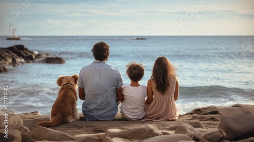 Happy family sits by the beach of sea with the dog.