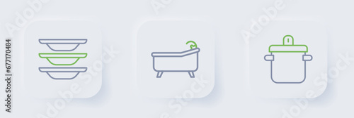 Set line Cooking pot, Bathtub and Washing dishes icon. Vector