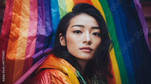 Portrait of an asian woman with rainbow flag, generated with ai © Andreas