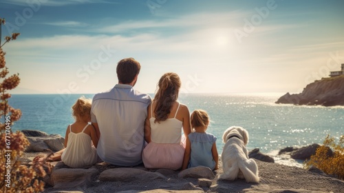 Happy family sits by the beach of sea with the dog.