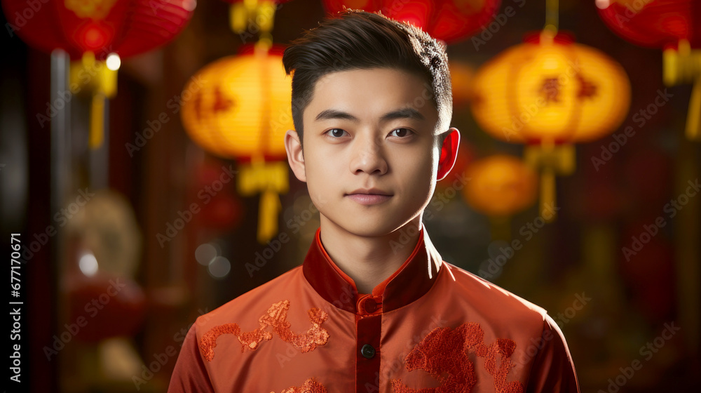 Portrait of smiling vogue Asian man with Chinese traditional clothing, Chinese New Year background