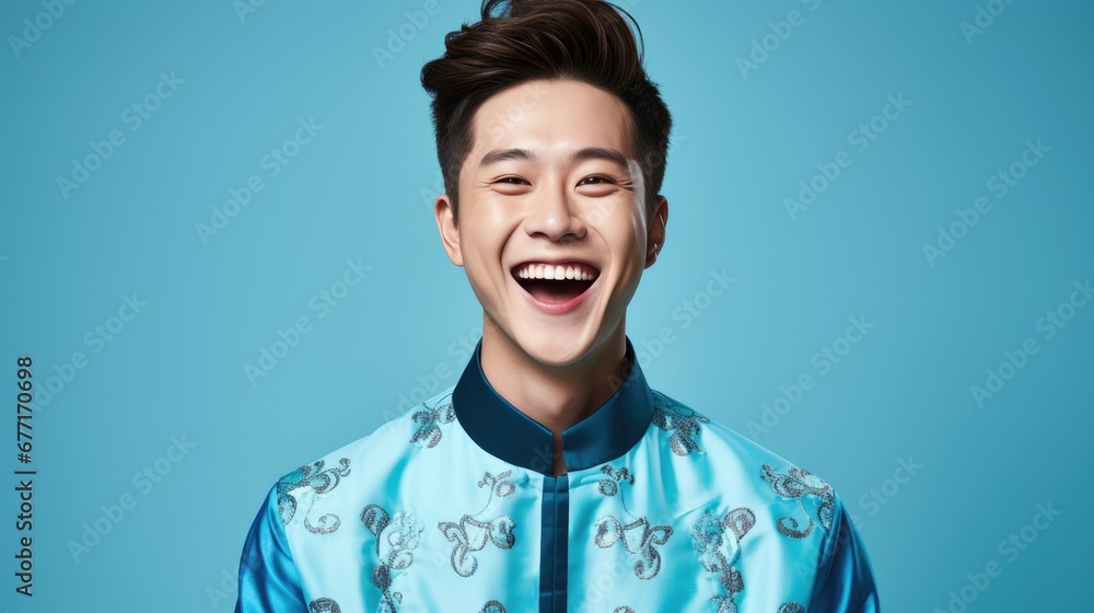 Portrait of smiling vogue Asian man with Chinese traditional clothing, solid color background Portrait of smiling vogue Asian man with Chinese traditional clothing, solid color background