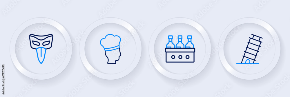 Set line Leaning tower in Pisa, Bottles of wine, Italian cook and Carnival mask icon. Vector Set line Leaning tower in Pisa, Bottles of wine, Italian cook and Carnival mask icon. Vector