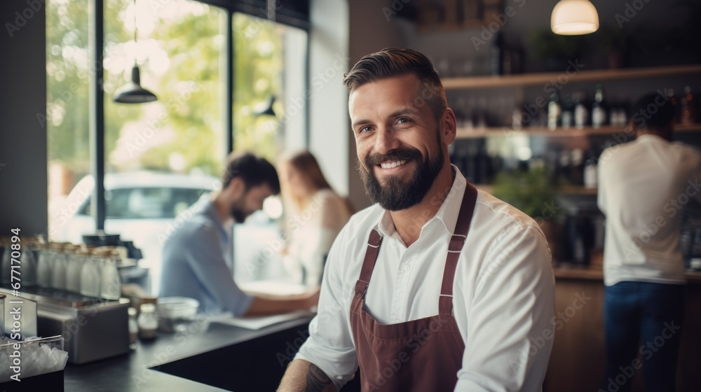 Fototapeta premium Portrait of handsome bearded barista man small business owner taking order with customer behind the counter bar in cafe. Coffee shop.