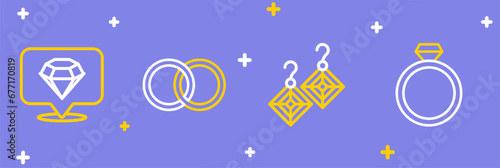 Set line Diamond engagement ring, Earrings, Wedding and icon. Vector