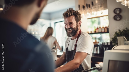 Portrait of handsome bearded barista man small business owner taking order with customer behind the counter bar in cafe. Coffee shop.