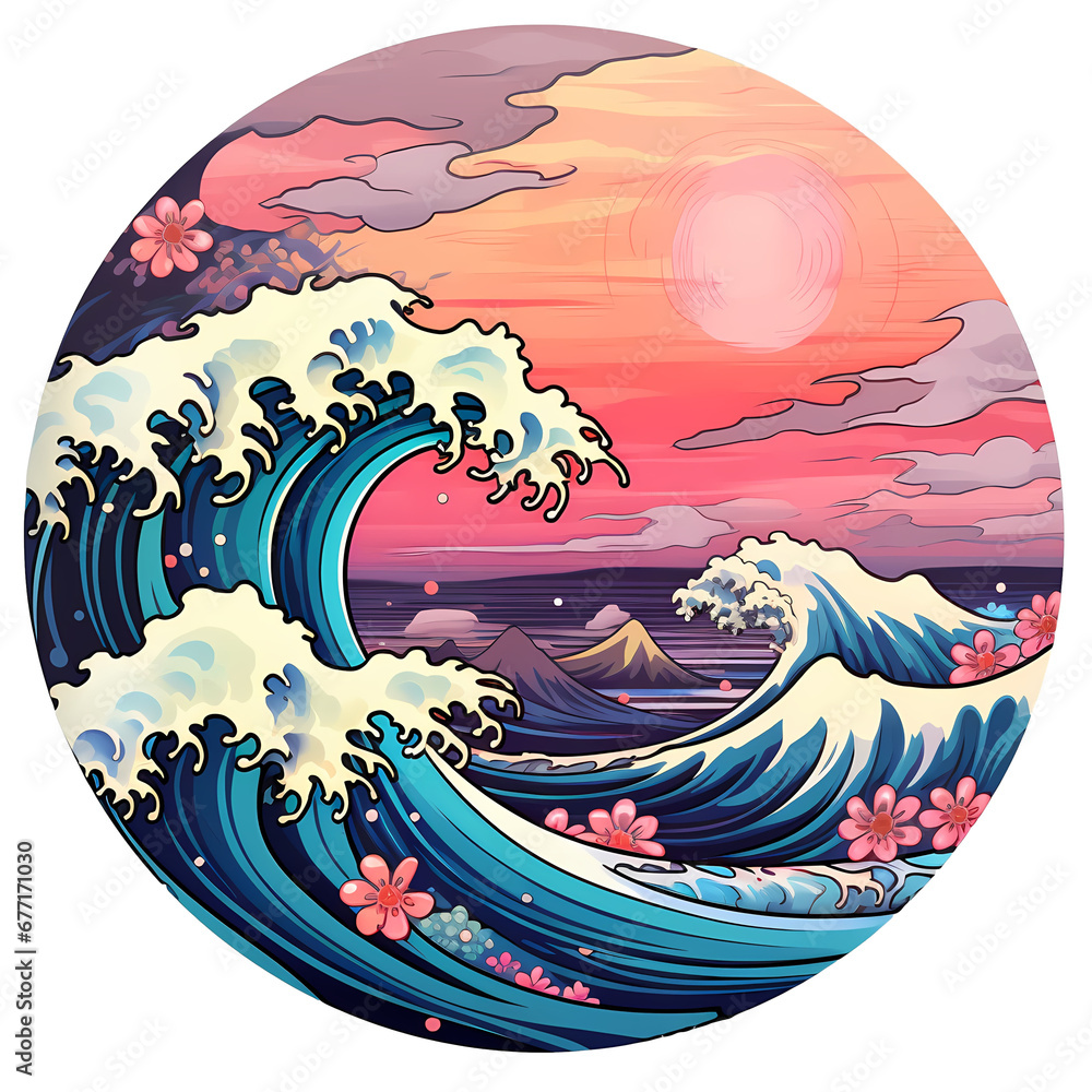 Great wave and bloom flower in the style of feminine