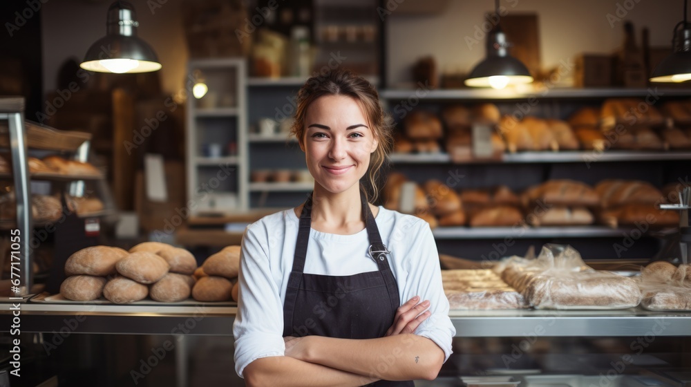 Portrait of Young adult woman standing in bakery shop. small business owner. Portrait of Young adult woman standing in bakery shop. small business owner.