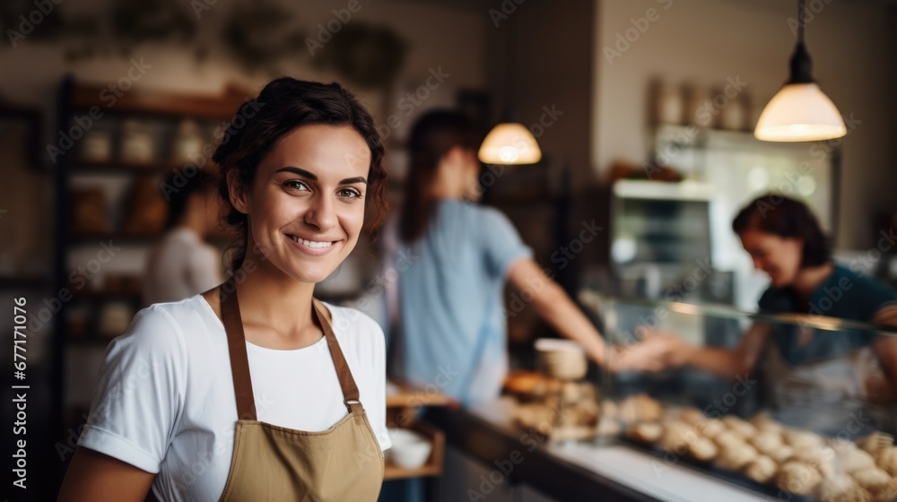 Fototapeta premium Portrait of Young adult woman standing in bakery shop. small business owner.