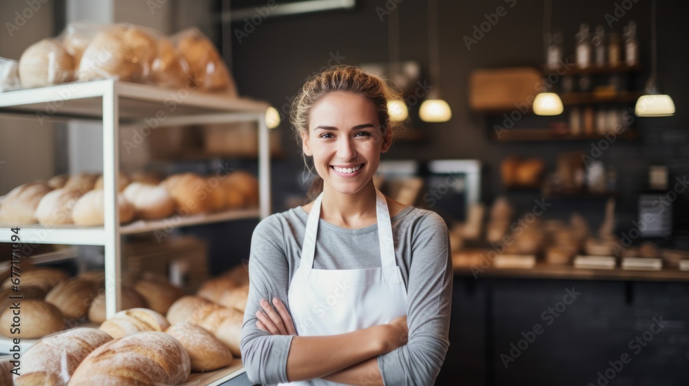 Portrait of Young adult woman standing in bakery shop. small business owner.