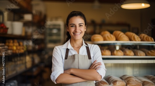 Portrait of Young adult woman standing in bakery shop. small business owner.