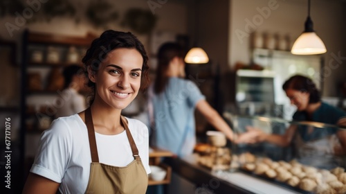 Portrait of Young adult woman standing in bakery shop. small business owner. © Oulaphone