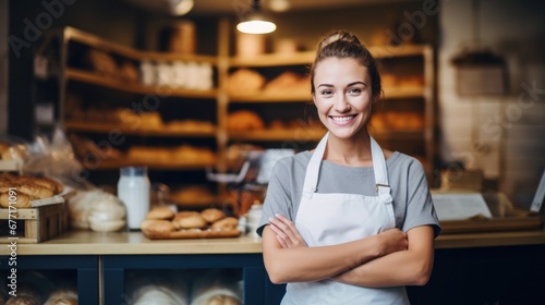 Portrait of Young adult woman standing in bakery shop. small business owner.