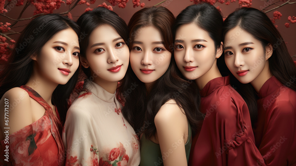 Fototapeta premium Smiling vogue Asian girls with Chinese traditional clothing, Chinese New Year background