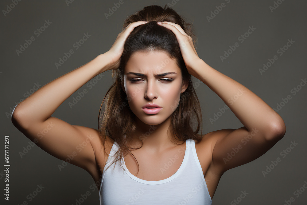 Young woman with severe migraine holding her head with her hands. health and medicine concept Young woman with severe migraine holding her head with her hands. health and medicine concept