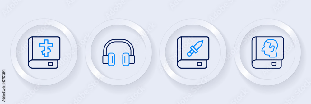 Set line Law book, Book about weapon, Headphones and Holy bible icon. Vector Set line Law book, Book about weapon, Headphones and Holy bible icon. Vector