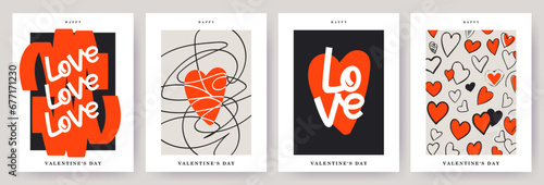 Creative concept of Happy Valentines Day card set. Modern abstract design with hearts, doodles, line arts and modern typography.Template for ads, branding, banner, cover, label, poster print