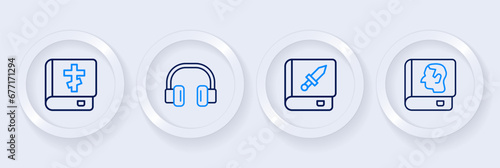 Set line Law book, Book about weapon, Headphones and Holy bible icon. Vector