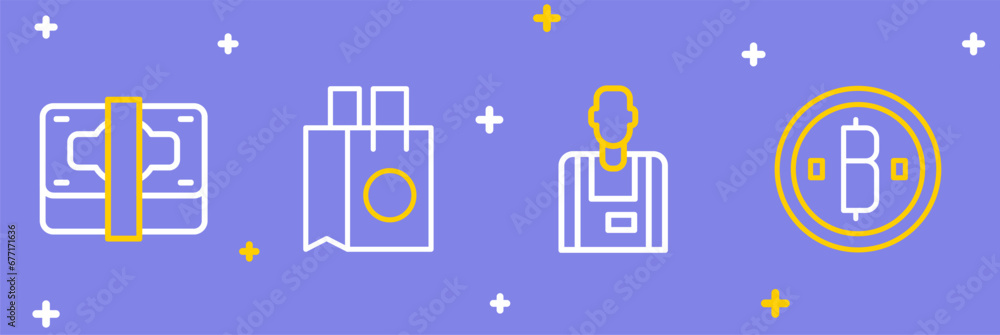 Set line Cryptocurrency coin Bitcoin, Seller, Paper shopping bag and Stacks paper money cash icon. Vector Set line Cryptocurrency coin Bitcoin, Seller, Paper shopping bag and Stacks paper money cash icon. Vector