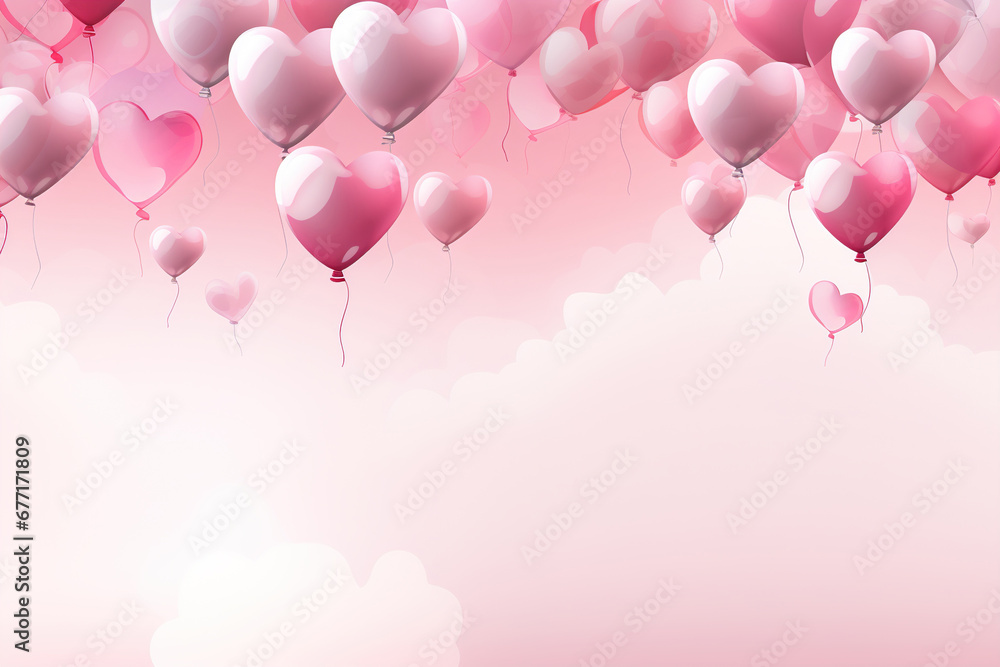 Holiday, valentine's day, wedding concept. Flying pink heart-shaped balloons on a background with copy space