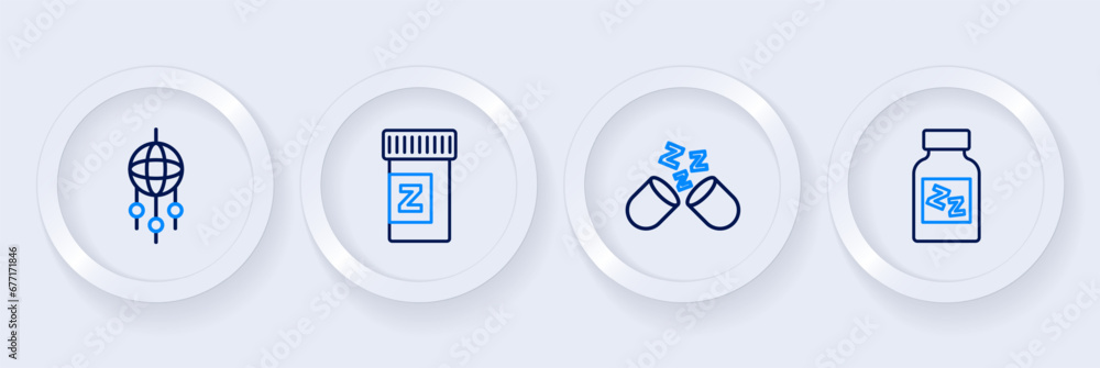 Set line Sleeping pill, and Dream catcher with feathers icon. Vector Set line Sleeping pill, and Dream catcher with feathers icon. Vector