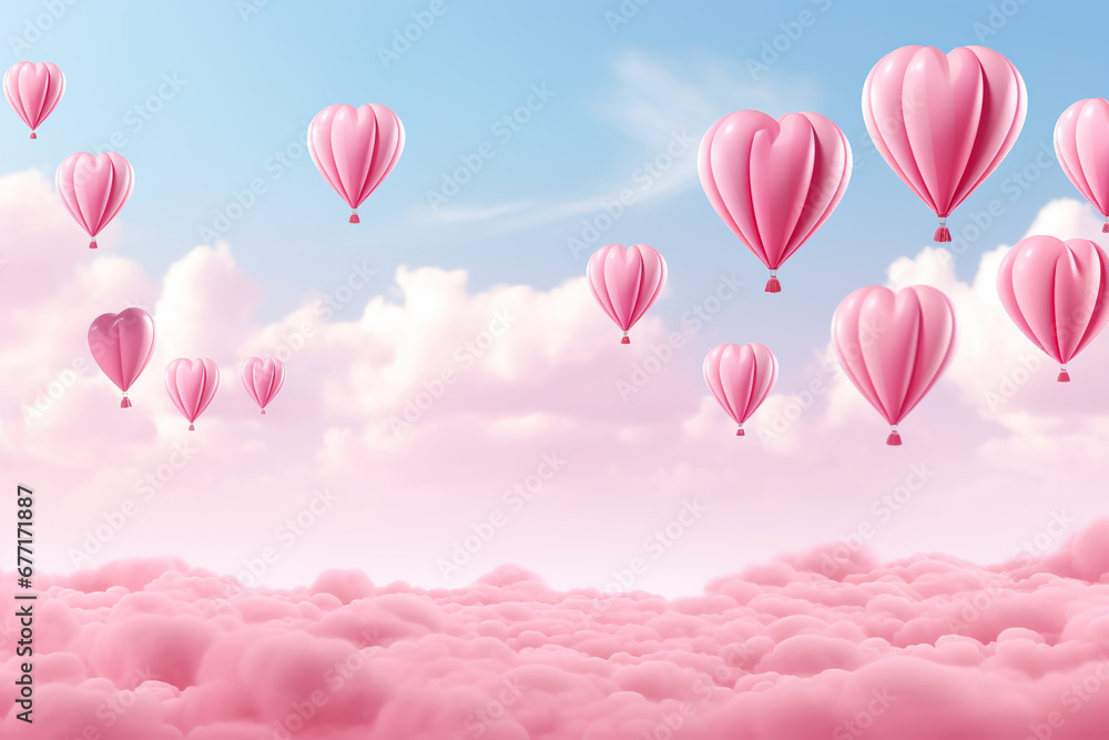 Pink heart-shaped balloons flying in the sky