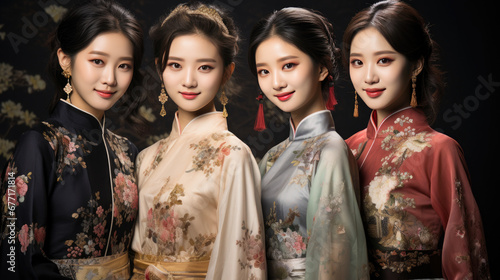 Smiling vogue Asian girls with Chinese traditional clothing