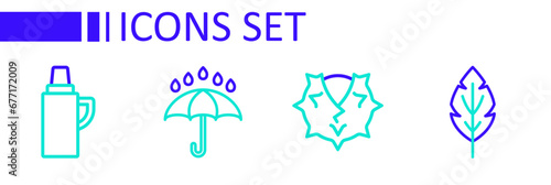 Set line Leaf, Chestnut, Umbrella and rain drops and Thermos container icon. Vector