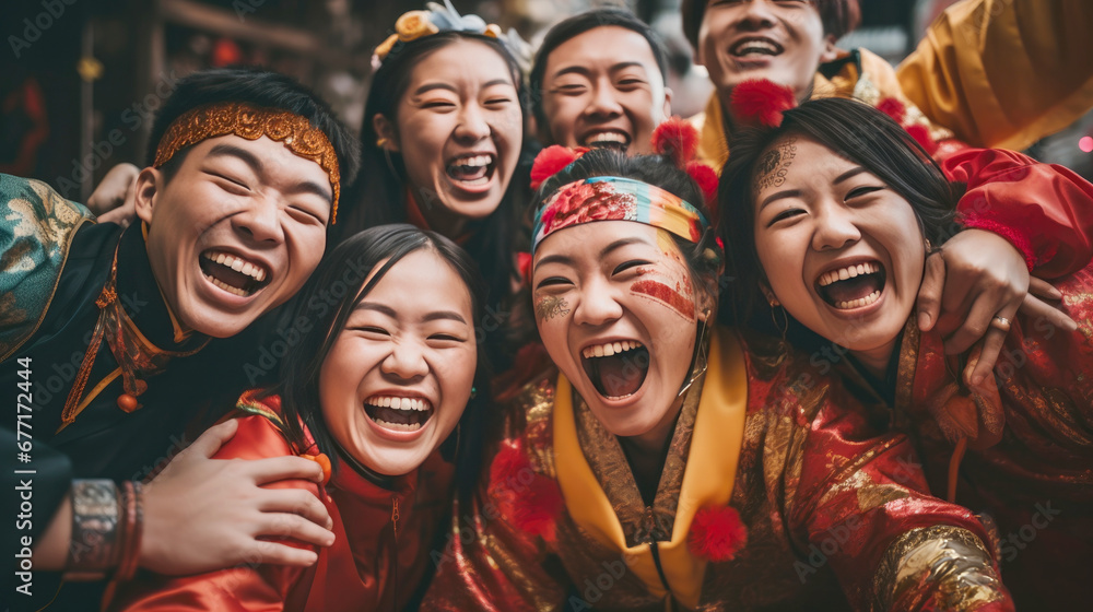Happy Asian people with Chinese traditional clothing in Chinese new year street Happy Asian people with Chinese traditional clothing in Chinese new year street