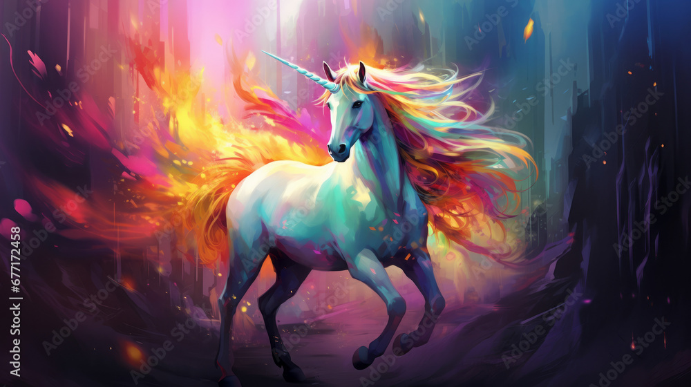 Painting of a beautiful unicorn with rainbow hair Painting of a beautiful unicorn with rainbow hair
