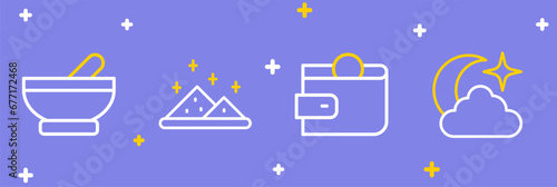 Set line Moon and stars, Wallet, Magic powder and Witch cauldron icon. Vector