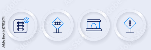Set line Exclamation mark in square, Railway tunnel, Railroad crossing and Online ticket booking icon. Vector