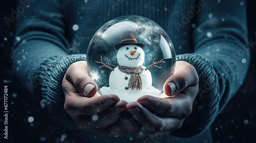 Closeup of hands holding a glass ball with snowman