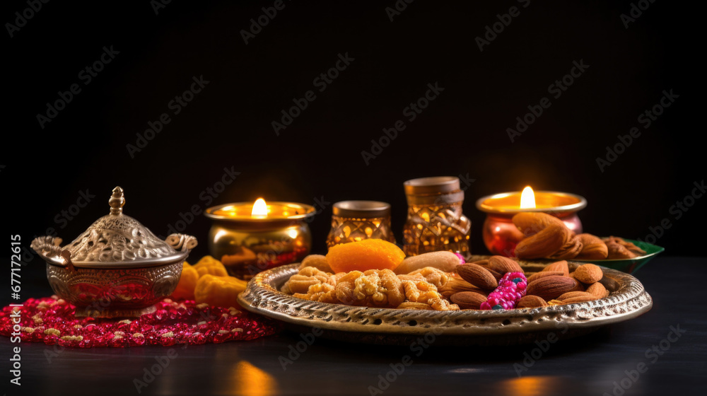Beautiful background for Diwali festival of lights with flowers and delicacy