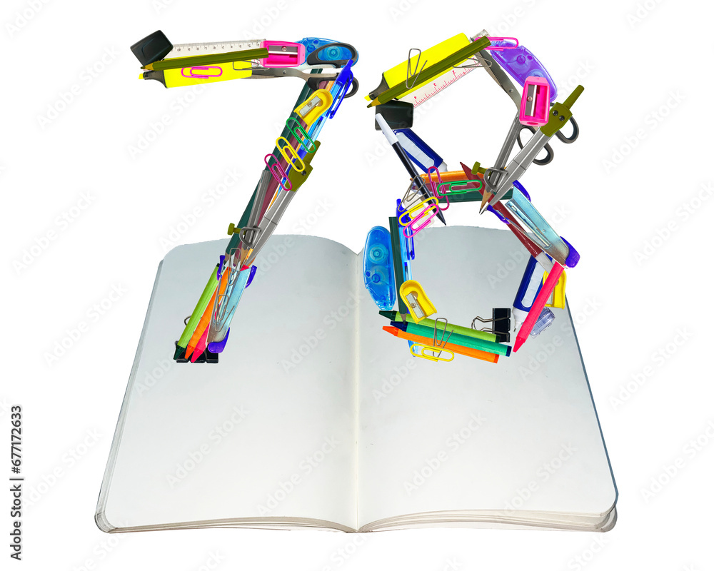 The shape of the number 78 is made of various kinds of stationery isolated on transparent background The shape of the number 78 is made of various kinds of stationery isolated on transparent background