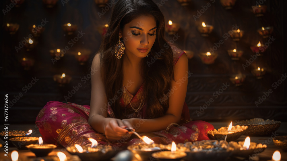 Beautiful background for Diwali festival of lights with flowers and goodies with Indian woman Beautiful background for Diwali festival of lights with flowers and goodies with Indian woman