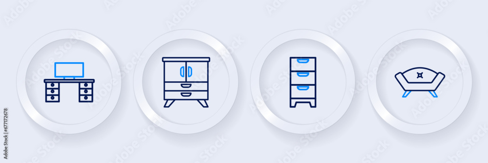Set line Sofa, Chest drawers, and Office desk icon. Vector Set line Sofa, Chest drawers, and Office desk icon. Vector