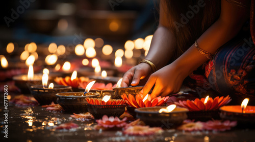 Beautiful background for Diwali festival of lights with flowers and goodies with Indian woman