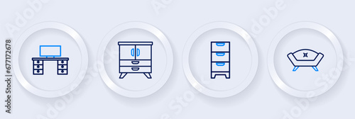 Set line Sofa, Chest drawers, and Office desk icon. Vector