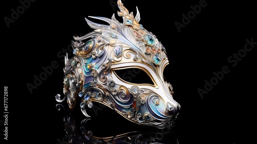 Venetian horse carnival mask, highly detailed with luminescent opals, gold and silver, venetian style © Savinus