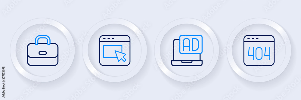 Set line Page with a 404 error, Advertising, and Briefcase icon. Vector Set line Page with a 404 error, Advertising, and Briefcase icon. Vector