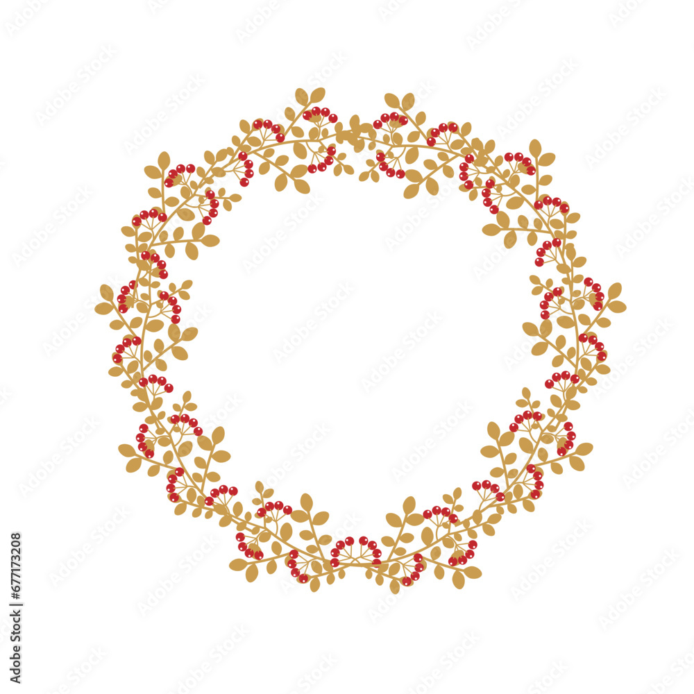 Christmas wreath with holly berries, mistletoe, pine and spruce branches, rowan berries. Merry Christmas and Happy New Year. Vector EPS10
