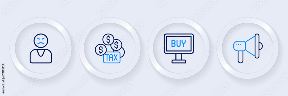 Set line Megaphone, Buy button, Tax payment and Angry customer icon. Vector Set line Megaphone, Buy button, Tax payment and Angry customer icon. Vector