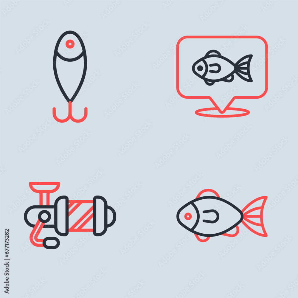Set line Location fishing, Spinning reel for, Fish and Fishing lure icon. Vector