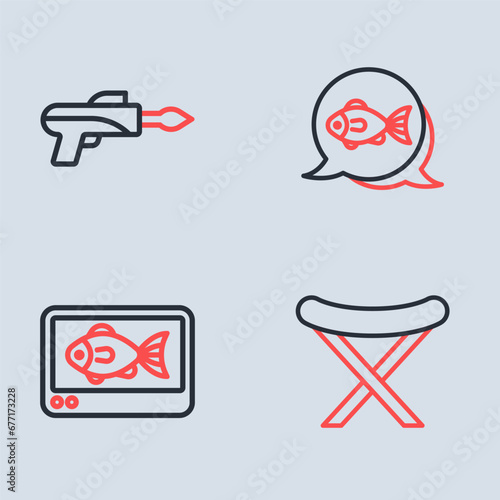 Set line Fish, finder echo sounder, Fishing harpoon and hook icon. Vector