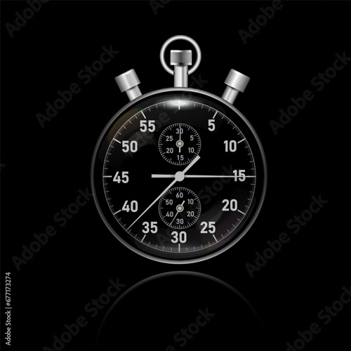Round stopwatch with chrome rim. Vector illustration on black background